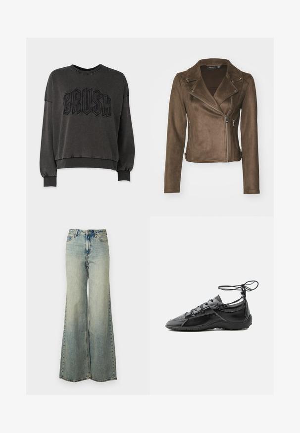 Pruun faux-suede mootorratturi jakk, millel on väikese lõikega krae, asümmeetriline tõmblukk, küljetaskud ja pikad varrukad. Sile tekstuur ja sobiv disain.; Tumehalli sweatshirt, millel on lühendatud disain, esiküljel tõstetud must "CRUSH" graafika, soonilised mansetid ja kaelus.; Heledad helesinaga denimist valmistatud helesinised laiad püksid, millel on kõrge vöökoht, pleekinud pesu ja küljetaskud nähtava õmblusega.; Mustast nahast toss valgete õmbluste ja ümbermähitud pahkluu paeltega, nähtud küljelt halli tausta peal.