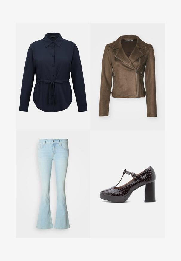 Veste de moto en daim synthétique marron avec un col à revers, une fermeture éclair asymétrique, des poches latérales et des manches longues. Texture lisse et design ajusté.; Chemise boutonnée bleu marine à manches longues avec col et ceinture en tissu nouée à la taille, coupe ajustée.; Jean évasé à effet délavé clair en tissu denim avec une taille haute, doté d'une fermeture à boutons sur le devant et conçu avec cinq poches.; Talon haut en cuir verni marron avec une texture crocodile, bout arrondi, talon bloc épais et détail de boucle dorée.