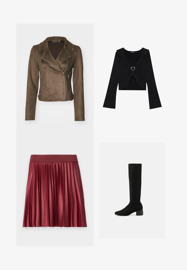 Brun faux suede motorcykeljakke med et udskåret krave, asymmetrisk lynlås, sidelommer og lange ærmer. Glat tekstur og tætsiddende design.; Sort langærmet top med flæsekrave og metalaccent formet som et hjerte foran. Blødt stof, cropped design og svungne ærmer.; Plisseret nederdel lavet af skinnende, burgunder stof med en bred, elastisk talje. Længden er over knæet, med lodrette plisseringer over det hele.; Sort knæhøj støvle med strækmateriale, rundet blokhæl og en let spids tå, set fra siden mod en hvid baggrund.