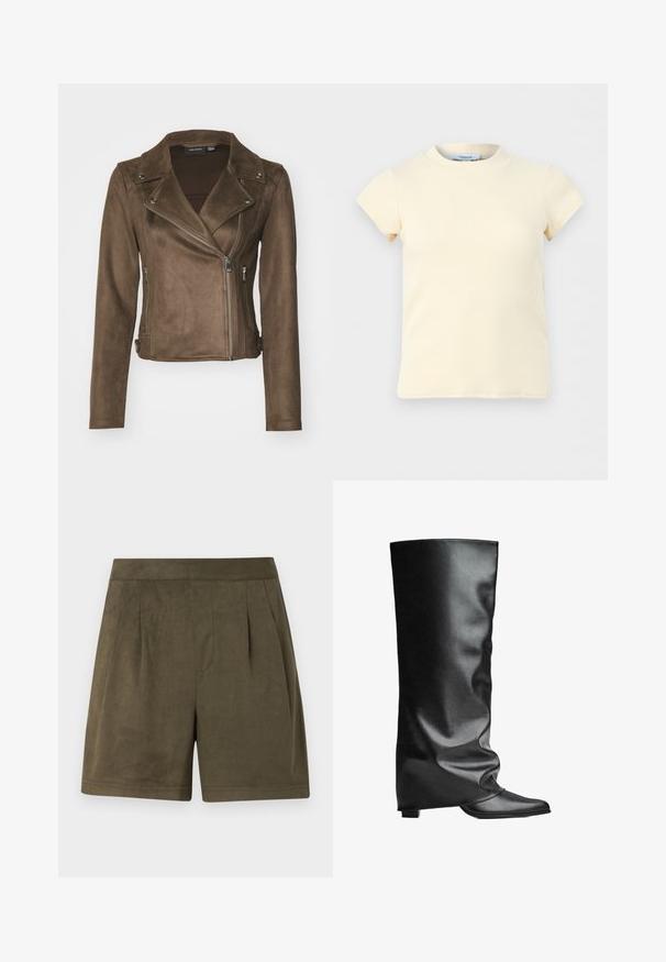 Brun faux suede motorcykeljakke med et udskåret krave, asymmetrisk lynlås, sidelommer og lange ærmer. Glat tekstur og tætsiddende design.; Kremfarvet, ribstrikket top med korte ærmer og rund halsudskæring, lavet af strækstof, vist mod en ensfarvet lysegrå baggrund.; Mørk olivengrønne shorts lavet af et blødt, suede-lignende materiale, med en plisseret design, mellemlang længde og en ren, struktureret talje.; Sorte knæhøje støvler i læder med en glat tekstur og en slasket form. Har spids snude og flad hæl for stabilitet.