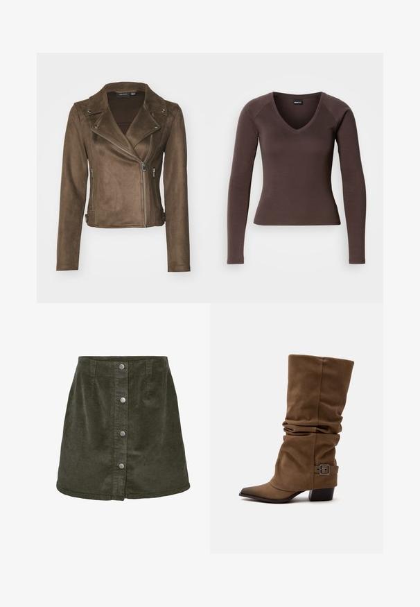 Bruine faux suede motorjack met een ingezette kraag, asymmetrische ritssluiting, zijzakken en lange mouwen. Gladde textuur en aangesloten design.; Bruine lange mouwen V-hals top met een getailleerde pasvorm, gemaakt van een zachte stretchstof, met raglanmouwen en schone zomen.; Donkergroene corduroy mini-jurk in A-lijn vorm, met vijf zilveren knoopsluitingen aan de voorkant en verticale ribbelstructuur.; Bruine slappe laars tot halverwege de kuit met een puntige neus, lage blokhak en decoratief gespsluitingbandje bij de enkel op een effen witte achtergrond.