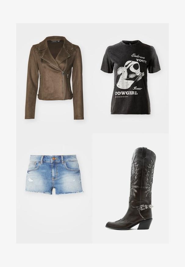Braune Fake-Suede-Motorradjacke mit Reverskragen, asymmetrischem Reißverschluss, Seitentaschen und langen Ärmeln. Glatte Textur und figurnahe Passform.; Schwarzes Baumwoll-T-Shirt mit kurzen Ärmeln, das ein Grafikdesign eines Cowboyhuts und weißen Text zeigt. Rohkantenausschnitt und distressed Optik.; Jeans-Shorts in Hellblau mit einem ausgefransten Finish, fransigem Saum, Fünf-Taschen-Design und einem einzelnen Knopfverschluss auf der Vorderseite.; Schwarzer Leder-Cowboystiefel mit dekorativen Ausschnitten, silberner Schnalle und schräger Ferse, auf weißem Hintergrund dargestellt.