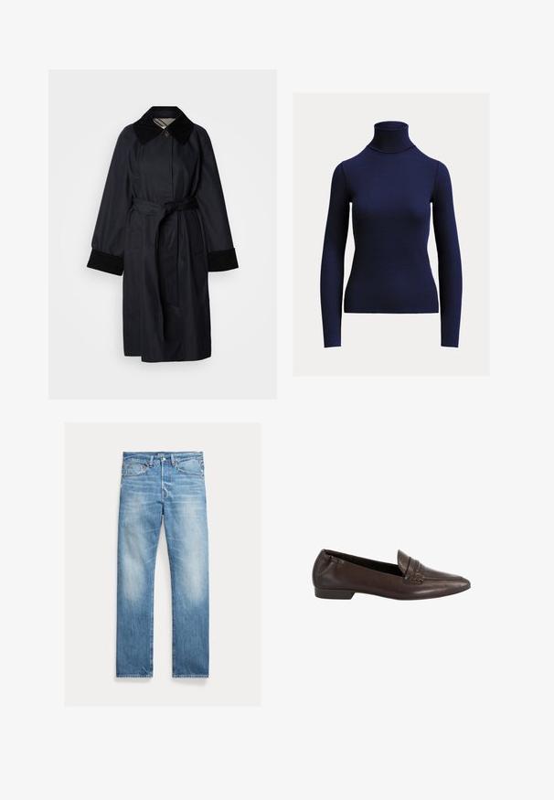 Dunkel marineblauer Trenchcoat mit großem Kragen, Taillengürtel und schwarzen Cord-Manschetten. Er besticht durch ein schlichtes, minimalistisches Design und eine Knopfverschluss.; Marineblauer, gerippter Langarm-Rollkragenpullover mit figurbetonter Silhouette auf schlichtem, hellem Hintergrund.; Hellblaue Straight-Leg-Denim-Jeans mit leichtem Verblassen, Fünf-Taschen-Design und sichtbarem Polo-Markenlabel am Bund.; Dunkelbrauner Leder-Flacher Loafer mit spitzer Zehenpartie, niedrigem Absatz und dekorativem Riemen auf der Oberseite.