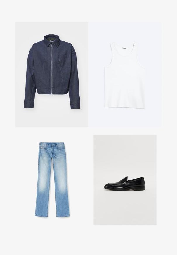 WOOD WOOD WWTWISTED SEAM CHORE - Lichte jas - envy green; Wit mouwloos hemdje met ronde hals en Weekday-merklabel aan de binnenkant van de achterkraag, plat weergegeven op een lichte achtergrond.; Lichtblauwe rechte jeans gemaakt van denim, met een vervaagde afwerking, vijf-pocket ontwerp en zichtbare stiksels langs de naden.; Zwarte leren instapper met ronde neus, subtiele stiksels en een gladde afwerking. Beschikt over een lage gestapelde hak en een band over de wreef.