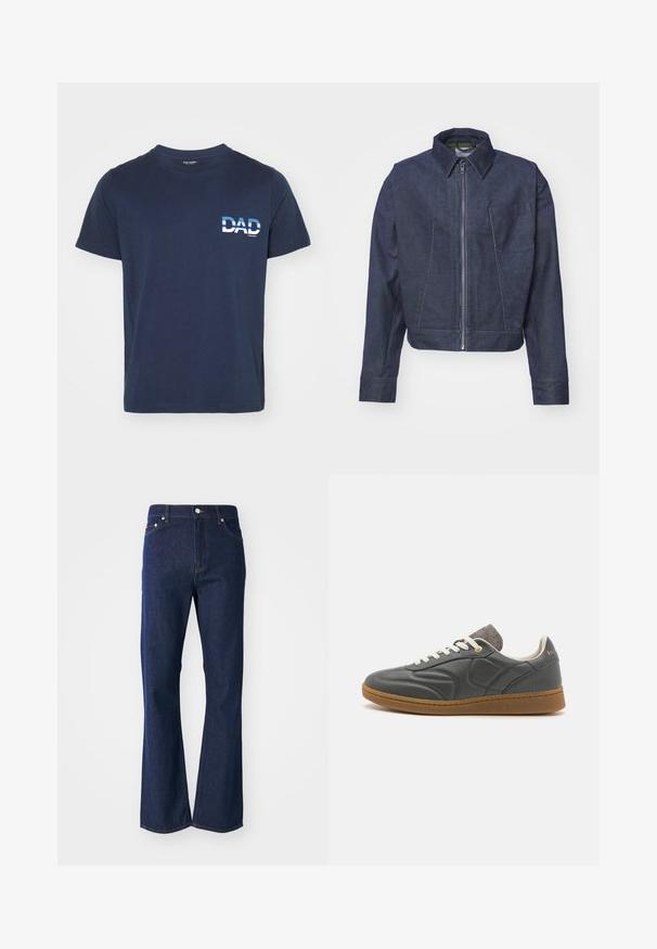 WOOD WOOD WWTWISTED SEAM CHORE - Chaqueta fina - envy green; Camiseta de algodón azul marino de mangas cortas. Presenta un texto gráfico en blanco "PAPÁ" en el lado izquierdo, en una fuente negrita. Diseño simple y casual.; Jeans acampanados de color azul oscuro fabricados en denim. Presentan cinco bolsillos, un cierre frontal con cremallera y un botón metálico. Acentos de costura clásica.; Zapatilla de cuero gris oscuro con punta redonda, cordones blancos, suela de goma marrón y sutiles acentos de tela gris en el cuello. Detalle del logo en dorado.