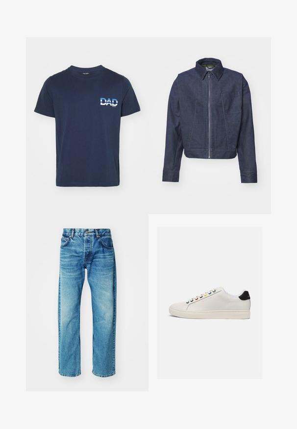 WOOD WOOD WWTWISTED SEAM CHORE - Lichte jas - envy green; Marineblauwe katoenen T-shirt met korte mouwen. Heeft een witte grafische tekst "DAD" aan de linkerkant, in een vet lettertype. Eenvoudig en casual ontwerp.; Blauwe denim jeans met een ontspannen pasvorm, voorzien van vijf zakken, een knopenfly, subtiele vervaging en een licht afgeknipte zoom.; Witte leren sneaker met een licht afgeronde neus, platte zool, meerkleurige veterogen, zwarte hielclip en een geperst logo aan de zijkant.