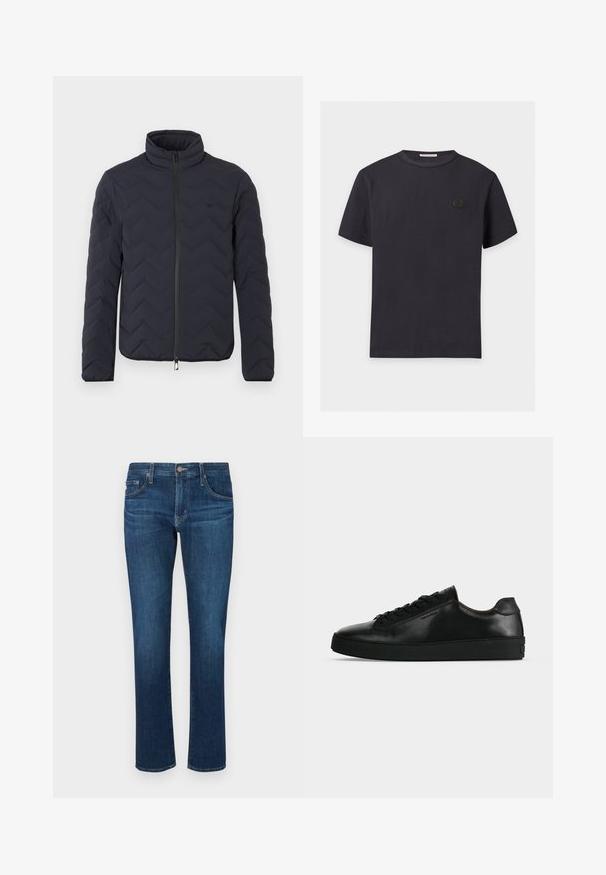 Dunkle gesteppte Steppjacke mit hohem Kragen, Reißverschluss vorne und Chevron-Muster. Hergestellt aus leichtem, isolierendem Material.; Schlichtes schwarzes T-Shirt mit kurzen Ärmeln und Rundhalsausschnitt, mit einem kleinen runden schwarzen Logo-Patch auf der linken Brust.; Dunkelblaue Jeans aus Denim mit geradem Bein, klassischem Fünf-Taschen-Stil und einem Knopfverschluss am Bund. Glatte Textur.; Schwarzer niedriger Ledersneaker mit schwarzen Schnürsenkeln und dicker schwarzer Sohle, von der Seite auf hellgrauem Hintergrund gezeigt.
