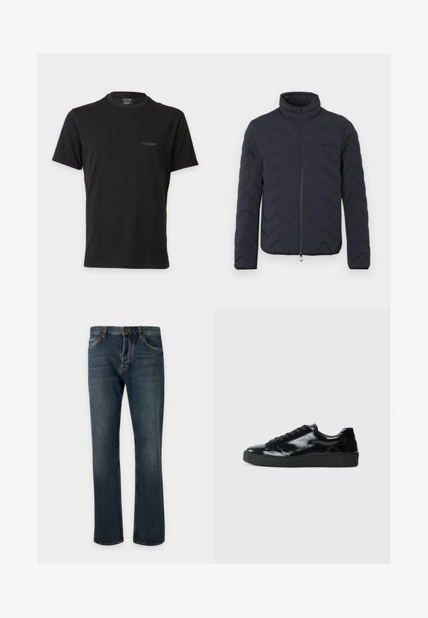 Doudoune matelassée foncée avec col montant, fermeture éclair sur le devant et motif en chevrons. Fabriquée en matériau léger et isolant.; T-shirt noir à manches courtes Armani Exchange avec col rond et petit logo blanc sur la poitrine gauche sur fond blanc.; Jean denim bleu foncé coupe droite avec bouton et fermeture éclair à l'avant, passants de ceinture et poches avant visibles sur un fond clair uni.; Baskets en cuir verni noir avec un bout arrondi, un laçage, une semelle en caoutchouc texturé et une finition lisse.
