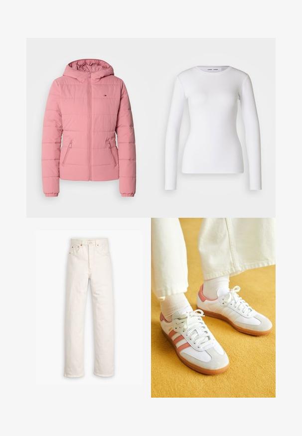 Chaqueta acolchada rosa con capucha, con un diseño de acolchado, cierre frontal con cremallera y bolsillos laterales. Puños acanalados y un sutil detalle del logo presente.; Camisa blanca de manga larga hecha de tela acanalada, con un cuello redondo y una forma ajustada. No presenta patrones ni detalles.; Jeans de mezclilla blanca con un diseño de pierna recta, estilo de cinco bolsillos y detalles de hardware en color cobre. Acabado sin dobladillo en los tobillos.; Zapatillas deportivas blancas con acentos en rosa, materiales de ante y cuero, punta redonda y suela de goma, mostradas con calcetines de color claro sobre un fondo amarillo.