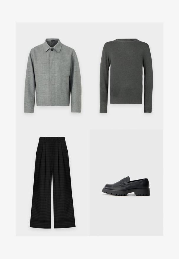 Grijze geruite jas met een kraag, sluiting met knopen aan de voorkant, lange mouwen en een gestructureerde pasvorm. Gemaakt van textiel met een patroon.; Donkergrijze crewneck lange mouwen sweater met geribbelde manchetten en onderzoom, weergegeven op een witte achtergrond.; Zwarte geruite wijde broek met plooien, voorzien van een gladde textuur en klassiek ontwerp. Lichtgewicht stof voor comfort.; Zwarte leren instappers met een ronde neus, voorzien van een decoratieve riem en een stevige rubberen zool met diepe groeven voor grip.