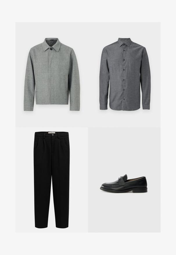 Veste à carreaux gris avec un col, fermeture à boutons sur le devant, manches longues et coupe structurée. Fabriquée en tissu texturé avec un motif.; Chemise boutonnée grise en tissu texturé, avec un col, des manches longues et une fermeture à boutons sur le devant avec des boutons foncés.; Pantalon noir taille haute à jambes droites avec passants pour ceinture, plis sur le devant, poches latérales et fermeture par bouton à la taille.; Mocassins en cuir noir avec une finition lisse, dotés d'une bande supérieure texturée, d'un talon bas et de détails de couture minimalistes.