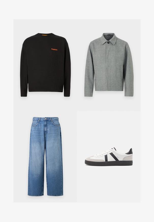 Gråternet jakke med krave, knaplukning foran, lange ærmer og en struktureret pasform. Lavet af tekstureret stof med et mønster.; Sort langærmet t-shirt lavet af bomuld, der har et lille orange "Replay Inc." logo på brystet, med rund halsudskæring og almindelig pasform.; Bredde denim jeans i lyseblå med en let falmet finish. Har klassisk fem-lomme design og metalknaplukning.; Hvide sneakers med sorte og grå detaljer, med en tekstureret grå tåhætte, sort gummisål og flade hvide snørebånd. Rent design, minimalistisk stil.