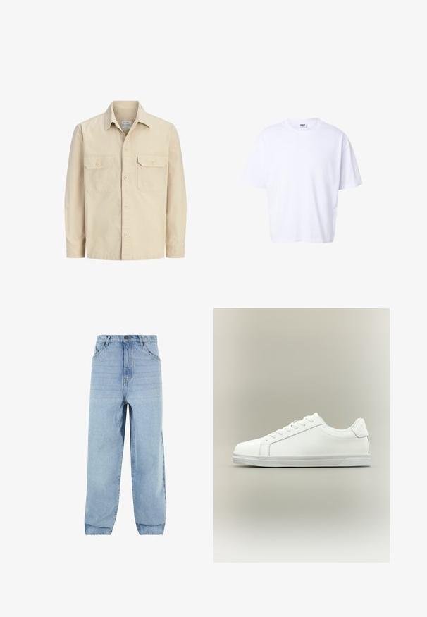 Beiges langärmeliges Hemd mit Knopfleiste, zwei vorderen Brusttaschen mit Klappen und Knöpfen sowie klassischem Kragen.; Schlichtes weißes Baumwoll-T-Shirt mit kurzen Ärmeln, Rundhalsausschnitt, lockerem Schnitt und Urban Classic Markenetikett im Krageninneren.; Helles, blaues Denim-Jeans mit lockerer Passform, hoher Taille und fünf Taschen. Mit Gürtelschlaufen und Knopfverschluss. Glatte Textur.; Weißer Sneaker mit niedrigem Schaft, Schnürung vorne und strukturierter Gummisohle vor einfachem neutralem Hintergrund.