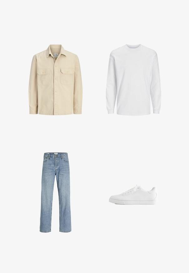 Chemise beige à manches longues avec deux poches à rabat boutonnées à l'avant et un col classique.; T-shirt blanc à manches longues en coton. Présente un col rond et un design uni sans motifs ni accents. Texture douce et lisse.; Jean en denim bleu clair avec une coupe droite, taille haute, style cinq poches et décoloration légère, avec fermeture à bouton en métal.; Baskets basses blanches avec lacets, dessus en cuir lisse et semelle extérieure en caoutchouc plate, vues de côté sur fond blanc.