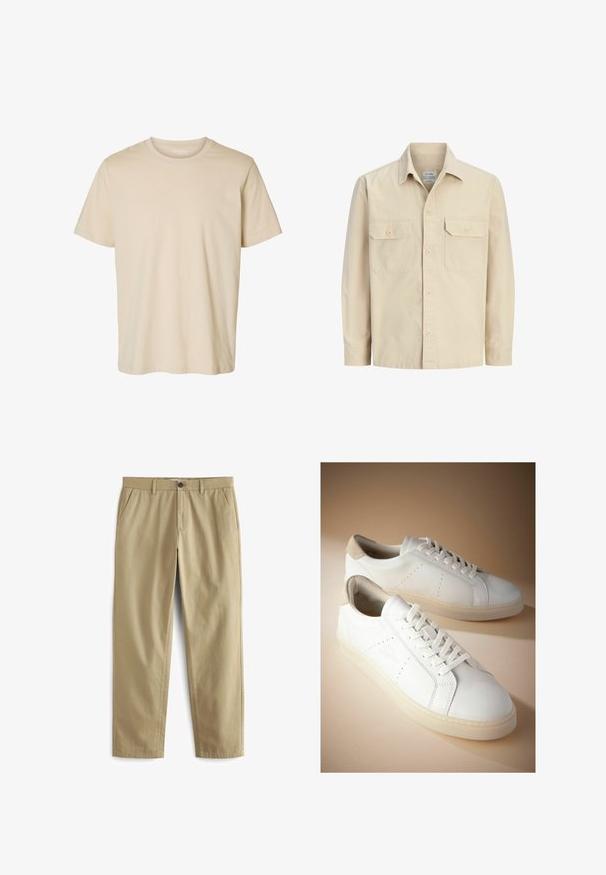 Camisa beige de manga larga con botones delanteros, dos bolsillos frontales con solapa abotonada y cuello clásico.; Camiseta beige de manga corta con cuello redondo y diseño sencillo, hecha de tela suave.; Pantalones beige de mezcla de algodón, con cierre de botón, dos bolsillos delanteros y piernas rectas con textura mínima.; Zapatillas blancas de cuero con una lengüeta de talón de ante beige texturizado. Presentan un diseño de cordones, perforaciones mínimas y una suela gruesa y translúcida.