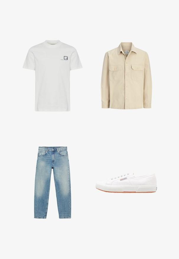 Chemise beige à manches longues avec deux poches à rabat boutonnées à l'avant et un col classique.; T-shirt en coton blanc avec un col rond et des manches courtes. Présente un logo graphique bleu marine et du texte sur la partie gauche de la poitrine.; Jean droit en denim bleu avec poches avant et passants de ceinture, présentant des détails légèrement décolorés sur les cuisses et les genoux.; Baskets en toile blanches avec une semelle en caoutchouc, design à lacets et une petite étiquette logo sur le côté. Tige blanche texturée et semelle extérieure marron.