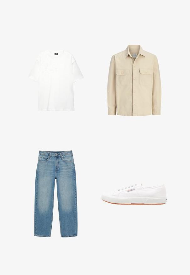 Chemise beige à manches longues avec deux poches à rabat boutonnées à l'avant et un col classique.; T-shirt blanc surdimensionné en coton doux et lisse ; présente des manches courtes, un col rond et un design simple et épuré.; Jean en denim bleu coupe droite avec poches avant, passants pour ceinture, fermeture par bouton et détails subtils délavés sur les cuisses et les genoux.; Baskets en toile blanches avec une semelle en caoutchouc, design à lacets et une petite étiquette logo sur le côté. Tige blanche texturée et semelle extérieure marron.