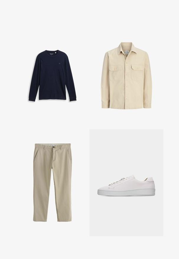 Camisa beige de manga larga con botones delanteros, dos bolsillos frontales con solapa abotonada y cuello clásico.; Camiseta de manga larga azul marino hecha de algodón suave, con un cuello redondo, dobladillos cosidos y un pequeño logo bordado en el pecho.; Pantalones beige de pierna recta con bolsillos laterales, trabillas para cinturón y cierre de botón en la cintura.; Zapatilla deportiva de piel blanca de corte bajo con cordones blancos, suela de goma plana texturizada y costuras mínimas, mostrada desde el lado exterior sobre un fondo blanco.