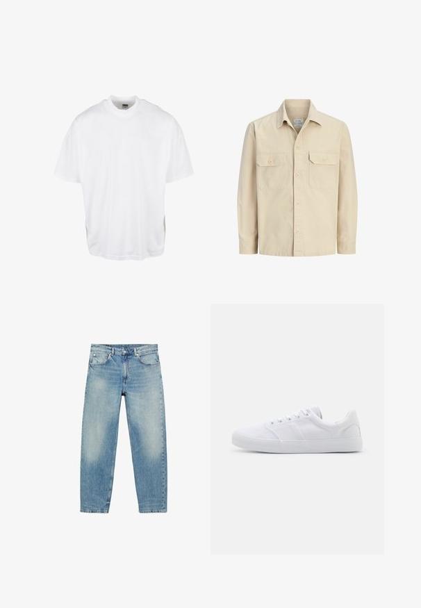 Chemise beige à manches longues avec deux poches à rabat boutonnées à l'avant et un col classique.; T-shirt en coton blanc avec une coupe décontractée, des manches courtes et un col rond, présentant un ourlet droit et sans graphiques ni motifs visibles.; Jean droit en denim bleu avec poches avant et passants de ceinture, présentant des détails légèrement décolorés sur les cuisses et les genoux.; Baskets en toile blanches avec une semelle en caoutchouc, dotées de six œillets, d'un embout texturé et d'un design minimaliste.