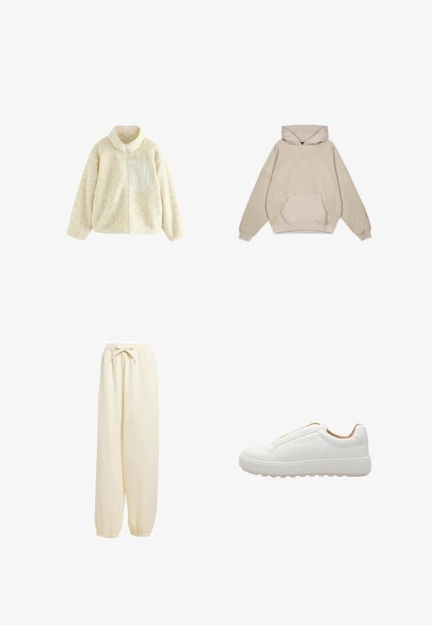 Fleece-Standzipjacke in Creme mit weicher Textur, hohem Kragen und einer seitlichen Reißverschlusstasche. Mit runden Schultern und einer lässigen Silhouette.; Beige Kapuzenpullover mit lockerer Passform, Kängurutasche, gerippten Ärmeln und glatter Textur. Mit dezentem Logo-Detailing auf der Vorderseite.; Beige, locker sitzende Sweatpants aus weichem Material. Sie verfügen über einen elastischen Bund mit Kordelzug und elastische Bündchen an den Knöcheln.; Weißer Sneaker mit niedrigem Schaft, strukturiertem Lederobermaterial, dicker Sohle und beige-farbenem Innenfutter, von der Außenseite gezeigt.