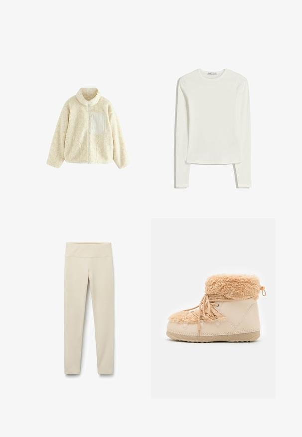 Veste zippée en polaire couleur crème avec une texture douce, un col haut et une poche zippée sur le côté. Présente des épaules arrondies et une silhouette décontractée.; Haut à manches longues blanc en tissu doux et lisse. Il présente un col rond et une coupe ajustée avec des détails de couture minimalistes.; Leggings beiges avec une taille haute et large, fabriqués à partir d'un tissu doux et extensible. Design à jambe droite sans coutures ni motifs visibles.; Even&Odd Bottes de neige - beige