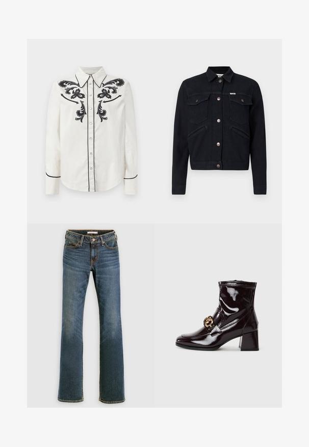 Chaqueta de mezclilla negra con cierre de botón, dos bolsillos en el pecho, bolsillos laterales y detalles en cobre. Presenta un cuello clásico y un diseño corto.; Camisa de algodón blanca con bordado floral negro en el pecho, ribete negro en el cuello y puños, y cierre de botones en la parte delantera.; Jeans de mezclilla azul tipo bootcut con bolsillos delanteros y traseros, cierre de botón y cremallera, y un sutil desgaste en los muslos y las rodillas.; Botín burdeos brillante hasta el tobillo con punta cuadrada, tacón medio y detalle de hebilla en tono dorado en la parte delantera. Textura suave en toda su superficie.