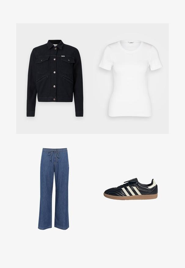 Sort denimjakke med knaplukning, to brystlommer, sidelommer og kobberdetaljer. Har en klassisk krave og kort design.; Hvid bomulds T-shirt med korte ærmer, rund halsudskæring og ribbet tekstur. Tætsiddende design med en glat, ren finish.; Denim bukser med bred ben og snoreliv, i en mellemblå farve, lige pasform og diskrete sømdetaljer.; Sorte lædersneakers med tre hvide striber, en polstret tunge og en gummirubbersål, der har stikninger og et strømlinet design.