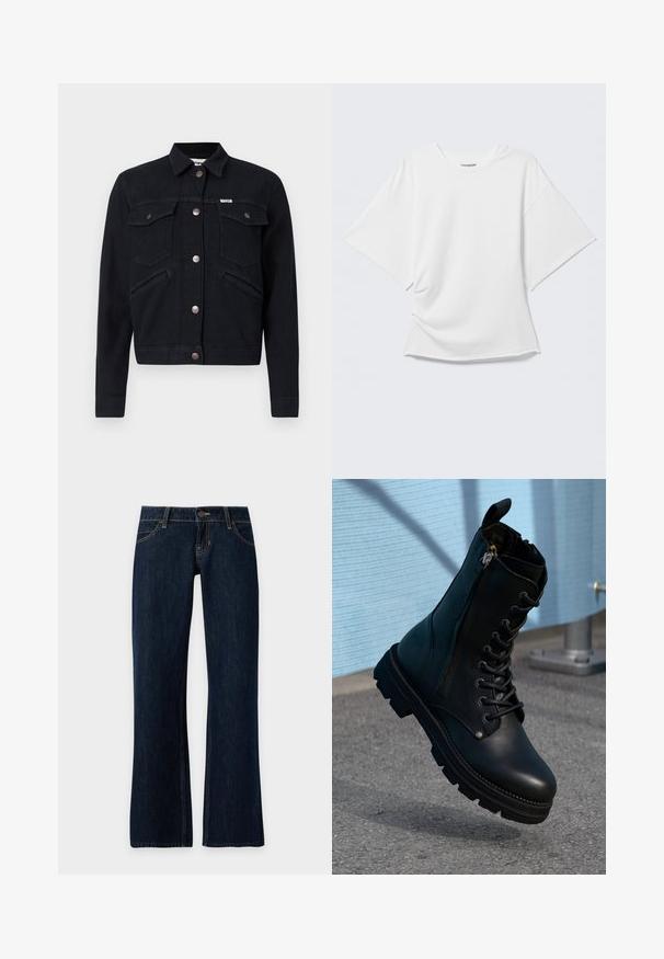 Sort denimjakke med knaplukning, to brystlommer, sidelommer og kobberdetaljer. Har en klassisk krave og kort design.; Hvid oversized T-shirt med korte ærmer og rund hals vist på en lysegrå baggrund.; Mørkeblå denim jeans med lige ben, forlommer, bæltestropper og knaplukning på en ensfarvet baggrund.; Sorte læder ankel støvler med snørebånd, sidelås, tekstureret overflade og en robust sål med fremtrædende slidbaner.