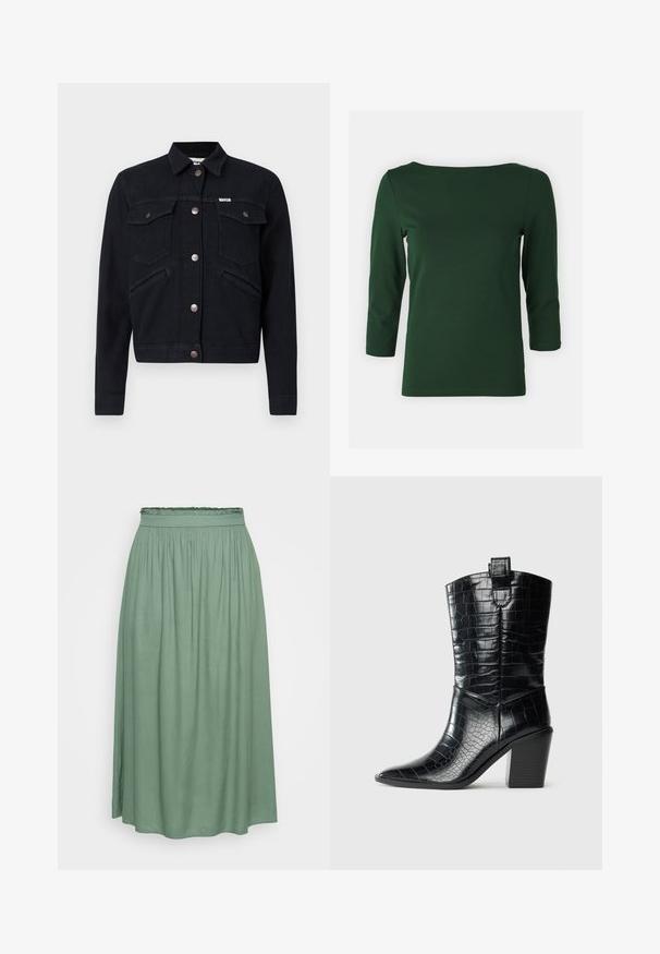 Sort denimjakke med knaplukning, to brystlommer, sidelommer og kobberdetaljer. Har en klassisk krave og kort design.; Mørkegrøn, langærmet bluse med bådudskæring. Glat tekstur, tætsiddende design og ærmer i mellemlængde. Ingen synlige mønstre eller detaljer.; Grøn midi-nederdel med en samlet elastisk talje, glat tekstur og flodende design, der har en let A-form og ingen mønstre.; Sort westernstøvle til midten af lægen med spids tå, blokhæle og blank lædertekstur med krokodillepræg mod hvid baggrund.