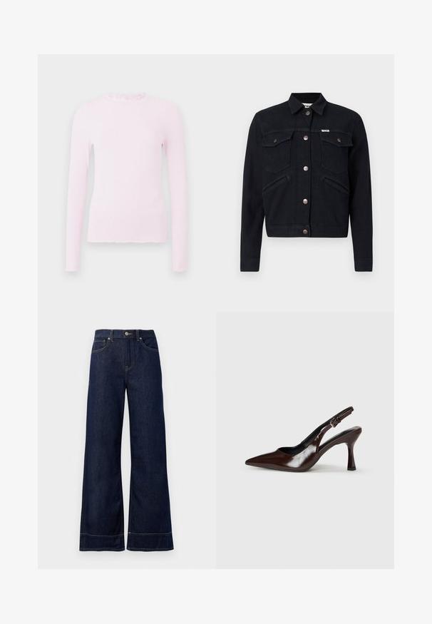Sort denimjakke med knaplukning, to brystlommer, sidelommer og kobberdetaljer. Har en klassisk krave og kort design.; Pink langærmet top i ribbet текстur, med en flæsekrave og et tætsiddende design med frynset kantdetalje.; Mørkeblå brede jeans lavet af denim. Har en knaplukning, stikninger og sidelommer. Udfoldet nederste kant.; Brune patenterede læderslingback-sandaletter med spids tå, en tynd hæl og justerbar rem med en lille spænde.