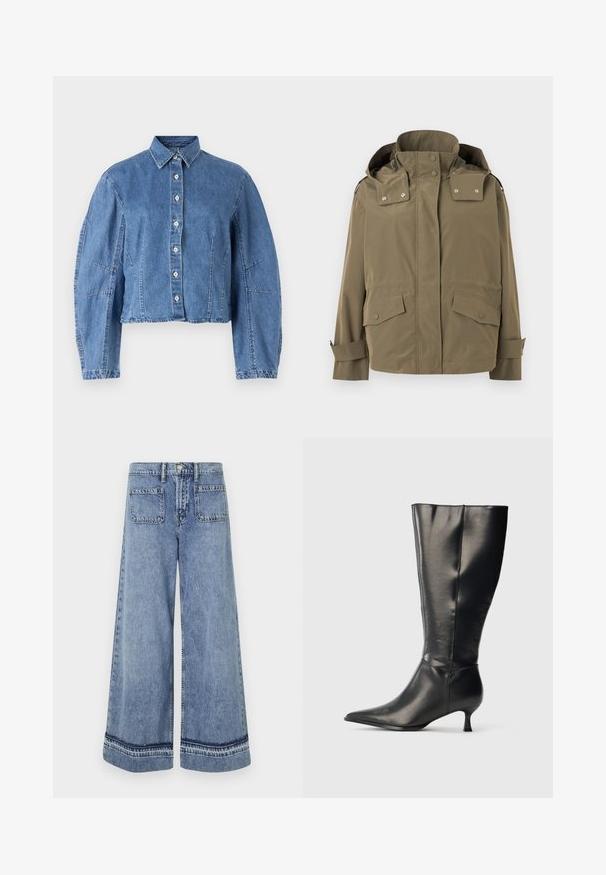 Vandtæt jakke i khakigrøn med høj krave, aftagelig hætte, trykknapper foran, klaplommer og justerbare manchetter.; Lysblå cropped denimjakke med knaplukning, spidse kraver og pufærmer med sidesøm.; Lysblå denim brede bukser med høj talje, to baglommer og kontrasterende syninger langs kanten.; Sort knæhøj læderstøvle med spids tå og lav kittenhæl, vist på en enkel lys baggrund.