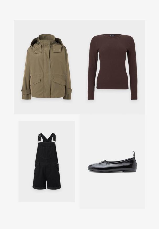 Veste imperméable vert kaki avec col montant, capuche détachable, boutons-pression à l'avant, poches à rabat et poignets ajustables.; Haut marron à manches longues côtelées, ajusté, col rond, avec une petite étiquette GAP au niveau du col, présenté sur un fond blanc.; Salopette courte en denim noir avec bretelles réglables, poche poitrine avant, fermetures latérales à boutons et ourlets retroussés.; Ballerine en cuir verni noir avec un bout rond, un petit nœud décoratif et une texture lisse ; présente une semelle plate basse et une languette au talon.