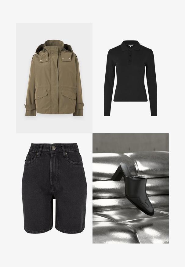 Khaki-grüne, wasserdichte Jacke mit hohem Kragen, abnehmbarem Kapuzen, vorderen Druckknöpfen, Klappentaschen und verstellbaren Manschetten.; Langärmliges schwarzes Poloshirt aus geripptem Material, mit einem klassischen Kragen und einer Knopfleiste mit drei Knöpfen auf der Vorderseite.; Schwarze Denim-Shorts mit hoher Taille, Fünf-Taschen-Design und Metallknopfverschluss. Der Stoff hat eine glatte Textur mit dezentem Verblassen.; Schwarzer Leder-Mule mit Blockabsatz, der auf einer glänzenden silbernen, gepolsterten Oberfläche liegt und sein schlankes Design sowie die geschwungenen Details hervorhebt.