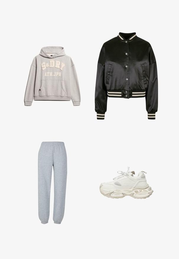 Zwarte satijnen bomberjack met een geribde kraag en manchetten, voorzien van zilveren drukknoopjes en gestreepte accenten op de tailleband.; Superdry & Co ATHLETIC ESSENTIALS - Hoodie - grey marl; Grijze sweatpants van zacht materiaal, met een elastische tailleband, taps toelopende enkels en een eenvoudig ontwerp zonder zichtbare patronen of accenten.; Witte sport sneakers met gestructureerde overlays, vetersluiting, een dikke zool en een trekloop aan de hiel, met subtiele merktekens.
