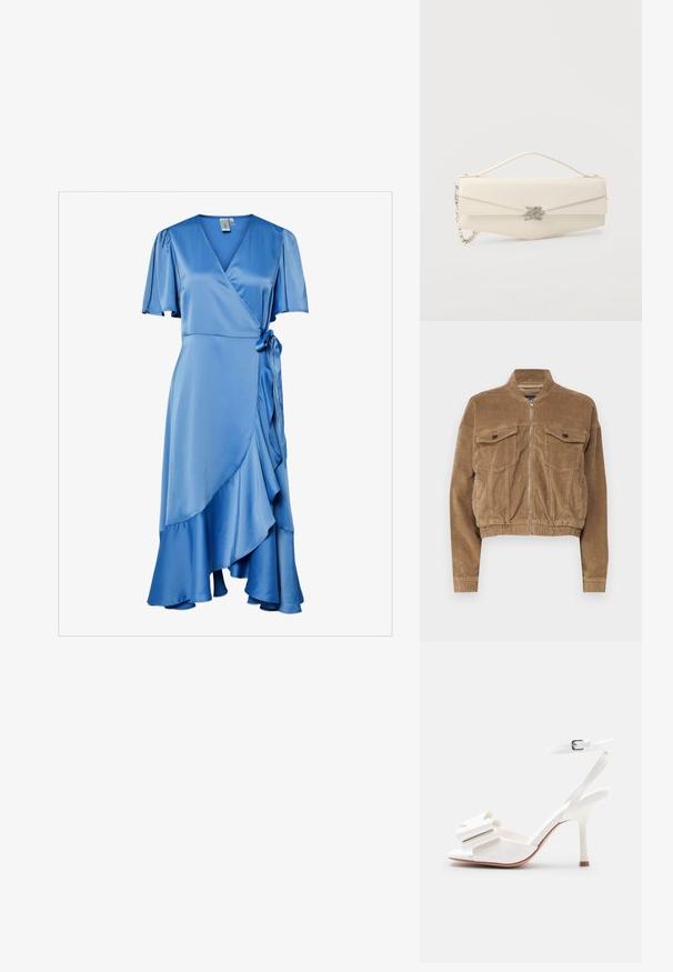 Gekürzte braune Cordjacke mit zwei Brusttaschen, einem Stehkragen und einem Frontreißverschluss. Strukturiertes Gewebe mit sichtbaren Rippungen.; Blaues Satin-Wickeldress mit kurzen, schwingenden Ärmeln, einem V-Ausschnitt, einem Bindeband in der Taille und einem geschliffenen Saum für zusätzliche Textur.; Weiße Sandalette mit hohem Absatz, Knöchelriemen, offenem Zehenbereich und dekorativer Schleife am vorderen Riemen vor einfachem Hintergrund.; Beige Lederclutch mit einem oberen Griff, silberner Kettenträger und silbernem dekorativem Logoschnappverschluss auf der vorderen Klappe.