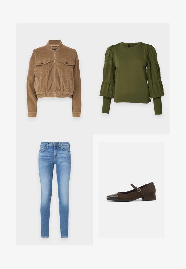 Gekürzte braune Cordjacke mit zwei Brusttaschen, einem Stehkragen und einem Frontreißverschluss. Strukturiertes Gewebe mit sichtbaren Rippungen.; ONLY ONLMELITA O NECK - Strickpullover - winter moss; Slim-Fit hellblaue Jeans im Denim-Stil mit mittelhohem Bund, vorderem Knopf und Fünf-Taschen-Design.; Braune Wildleder-Mary-Jane-Schuhe mit einer schwarzen Lackleder-Zehenspitze, verstellbarem Riemen und einem niedrigen Blockabsatz. Glatte Textur mit minimalen Akzenten.