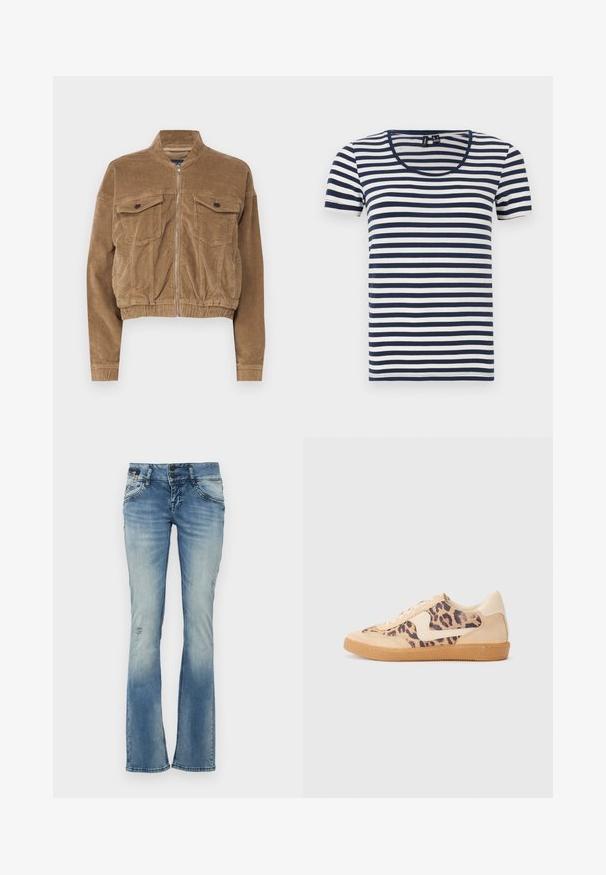 Gekürzte braune Cordjacke mit zwei Brusttaschen, einem Stehkragen und einem Frontreißverschluss. Strukturiertes Gewebe mit sichtbaren Rippungen.; Gestreiftes T-Shirt mit kurzen Ärmeln, das marineblau-weiße horizontale Streifen, einen runden Halsausschnitt und einen weichen Baumwollstoff aufweist.; Ausgestellte blaue Jeans aus Denim mit einem verwaschenen Finish, ausgestattet mit Ausbleichungen, distressed Details und zwei vorderen Taschen mit gestickten Akzenten.; Löwenmuster-Sneaker mit beige Wildleder-Obermaterial, tanfarbener Gummisohle und weißen Akzenten. Runde Zehenform und Schnürdesign mit strukturiertem Finish.