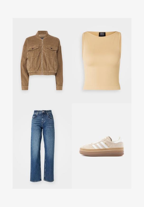Gekürzte braune Cordjacke mit zwei Brusttaschen, einem Stehkragen und einem Frontreißverschluss. Strukturiertes Gewebe mit sichtbaren Rippungen.; Beiger, gerippter ärmelloser Crop-Top mit rundem Ausschnitt und taillierter Silhouette. Das Material wirkt glatt und dehnbar. Etikett am Ausschnitt sichtbar.; Hochgeschnittene, weite Jeans aus blauer Denim. Verfügt über fünf Taschen, einen Knopfverschluss und dezente Verblassungen über den Stoff.; Beige Wildleder-Sneaker mit weißen Lederakzenten, versehen mit drei weißen Streifen, einem goldenen Logo und einer dicken, durchsichtigen Gummisohle.