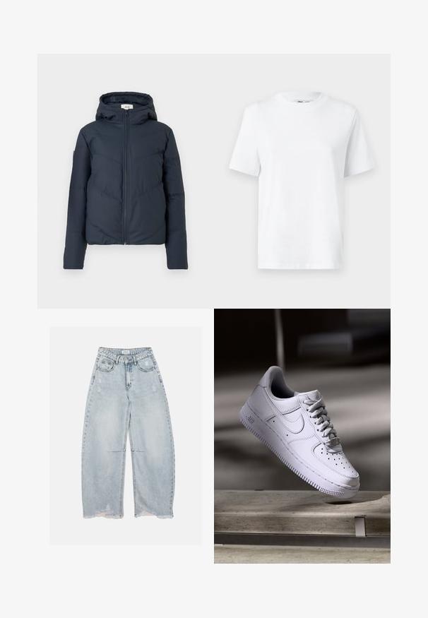 Doudoune en marine foncé, avec une capuche, fermeture éclair et des motifs de couture diagonale. Fabriquée en tissu léger et isolant.; T-shirt en coton blanc à col rond, avec des manches courtes et une texture lisse. Conçu avec une coupe décontractée pour plus de confort et de polyvalence.; Jean denim bleu clair à jambes larges avec détails usés et ourlets effilochés, doté de poches avant, de passants de ceinture et d'une fermeture par bouton.; Baskets Nike Air Force 1 blanches lévitant au-dessus d'une surface en béton avec des ombres dans un cadre minimaliste.