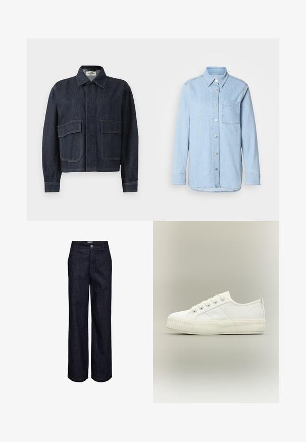 Mørkeblå denimjakke med spidse krave, skjulte frontknapper og to store klaplommer foran.; Lyseblå denimskjorte med knaplukning foran, spids krave, enkelt brystlomme og lange ærmer med knapmanchetter.; Mørkeblå denimjeans med lige ben, knap- og lynlåslukning, bæltestropper og synlige syningsdetaljer.; Hvid lavtop sneaker med tyk ribbet sål, snørelukning foran og trækflap på hælen mod en neutral baggrund.