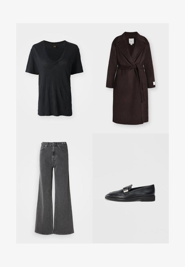 Long manteau en laine marron foncé avec large col, ceinture à nouer, poches latérales et étiquette blanche sur le poignet gauche.; T-shirt noir à manches courtes avec col en V, fabriqué en tissu doux, présentant une coupe décontractée et des détails texturaux discrets à l'avant.; Jean large en denim noir délavé, avec une taille haute, deux poches avant et des fermetures à bouton en métal. Texture lisse, détails minimes.; Mocassin en cuir noir avec une boucle rectangulaire en argent sur le dessus et un petit talon, sur fond blanc.