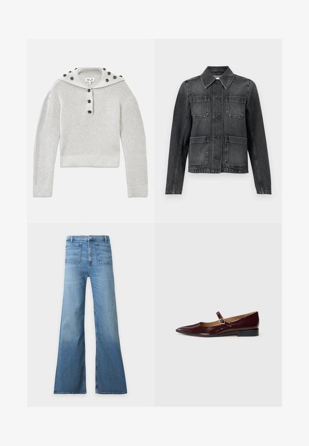 Sort denimjakke med krave, fire frontlommer, knaplukning og en let slidt tekstur.; Lys grå, ribbet striktrøje med en cropped design, samlet med en knaplukning og en hætte udsmykket med blomstformede accenter.; Højtaljede lyseblå denimjeans med brede vidde ben og forlommer med lap, knaplukning og bæltestropper.; Bordeaux patentlæder Mary Jane flade sko med spids tå, flad hæl og en dekorativ rem med en cirkulær spændeaccent.