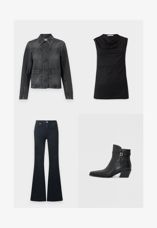 Veste en denim noire avec un col, quatre poches avant, fermeture à boutons et une texture légèrement usée.; Haut noir sans manches avec un col bénitier drapé et un ourlet droit, présenté sur un fond clair uni.; Jean en denim noir évasé avec une taille haute, cinq poches et une fermeture à bouton métallique. Texture lisse et détails de couture contrastés.; Bottines en cuir noir avec un bout pointu, un petit talon carré et une sangle décorative avec une boucle en argent. Texture lisse.