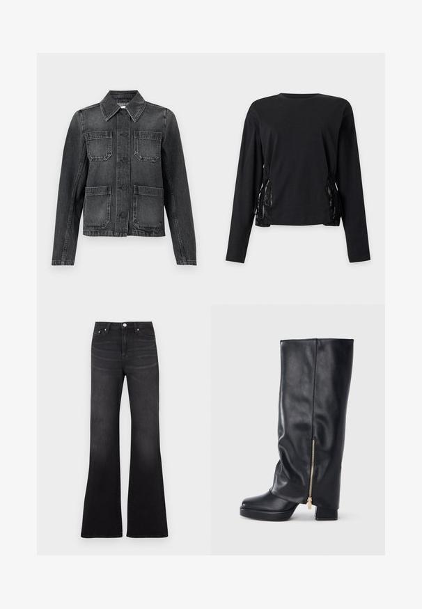 Veste en denim noire avec un col, quatre poches avant, fermeture à boutons et une texture légèrement usée.; Haut noir à manches longues avec encolure ronde et détails à lacets des deux côtés, avec inserts en dentelle.; Jean flare noir en tissu denim, avec une taille haute, un design cinq poches, et une légère décoloration vers l'ourlet des jambes.; Botte en cuir noire montant jusqu'au genou avec talon épais et détail de fermeture éclair dorée sur le côté, sur fond blanc.
