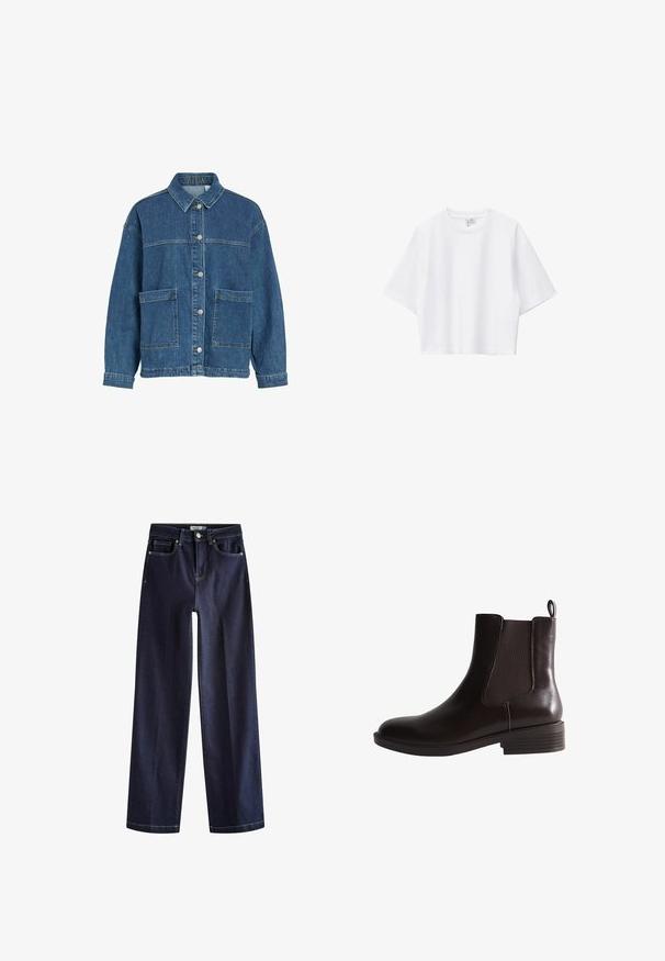 Denimjakke med krave, frontlukning med knapper, to store forlommer og en afslappet pasform i mellemblå vask.; Hvid cropped t-shirt lavet af blød bomuld med rund hals, korte ærmer og løs pasform. Simpelt og alsidigt design.; Next Jeans Straight Leg - rinse blue; Mørkebrun læderankelstøvle med elastisk sidepanel, lav stablet hæl og trækstrop bagpå.