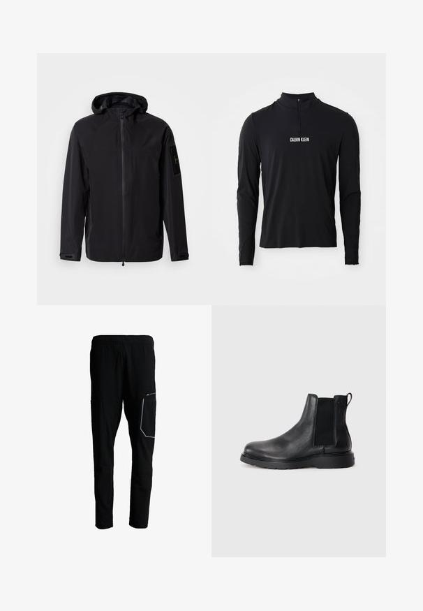 Sort vandtæt jakke med lynlås foran, justerbar hætte og manchetter. Har sidelommer og et logomærke på ærmet.; Sort langærmet top med høj krave, der har en kvartlynlås og hvid "CALVIN KLEIN" logo på forsiden. Glat, strækbart stof.; Sorte atletikbukser med elastisk taljebånd, en højre lår lomme med reflekterende kant og lette, tilspidsede ben.; Sorte læder chelsea støvler med tekstureret finish, elastiske sidepaneler og en robust gummisål. Subtil branding på hælen.