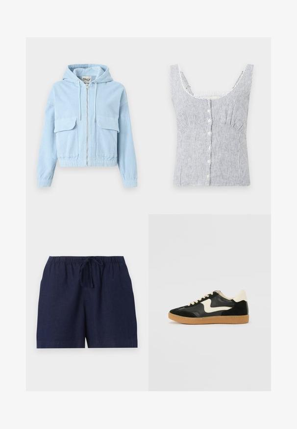Veste en velours côtelé bleu clair avec capuche, fermeture éclair avant et deux poches poitrine. Comprend des poignets élastiques et un ourlet sous la taille.; Haut sans manches à boutons en blanc et gris rayé vertical avec de larges bretelles et un buste ajusté, présenté sur un fond uni.; Shorts décontractés bleu marine avec taille élastique et cordon réglable, fabriqués en tissu léger.; Baskets en daim et cuir noir avec un swoosh latéral crème et un talon crème clair. Dotées de lacets beige et d'une semelle en caoutchouc gomme.