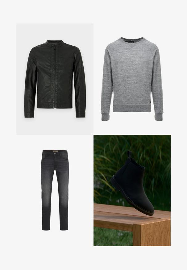 Schwarze Lederjacke mit Stehkragen, Front-Reißverschluss und zwei Seitentaschen, mit glatter Textur und minimalistischem Design.; Grauer Pullover aus weichem Material mit strukturierter Optik, ausgestattet mit einem Rundhalsausschnitt, langen Ärmeln und gerippten Bündchen und Saum.; Dunkelblaue Jeans mit Slim-Fit-Schnitt, Knopfverschluss, fünf Taschen und einem leichten Ausbleichungseffekt an den Oberschenkeln.; Schwarzer Chelsea-Stiefel aus glattem Leder mit Zuglasche, runder Spitze, elastischen Seitenteilen und niedrigem Absatz. Auf einer Holzoberfläche präsentiert.