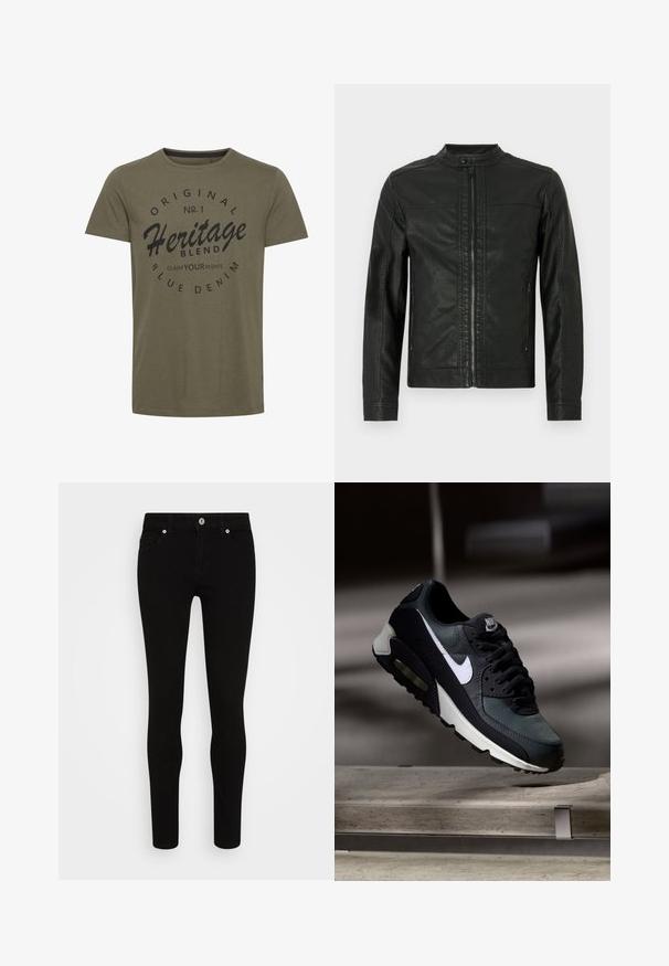 Veste en cuir noir avec un col montant, une fermeture éclair sur le devant et deux poches latérales, au design minimaliste et à la texture lisse.; T-shirt en coton vert olive avec un col rond, comportant un texte imprimé noir : "Original No. 1 Heritage Blend Claim Your Rights" dans un design circulaire.; Jean skinny noir avec une texture lisse, conception à cinq poches, fermeture à bouton sur le devant et silhouette épurée. Style minimaliste sans motifs visibles.; Baskets Nike Air Max noires et grises avec un logo blanc, suspendues au-dessus d'une surface en béton sur un fond sombre flou.