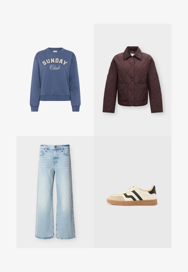 Veste matelassée marron avec grand col en velours côtelé, boutons pression à l'avant et deux poches plaquées devant sur fond blanc.; Sweat-shirt col rond bleu avec « SUNDAY Club » imprimé sur le devant en lettres blanches texturées et manches longues avec des poignets côtelés.; Jean taille haute bleu clair à jambes larges avec poches avant, passants de ceinture et fermeture par bouton.; Baskets à lacets avec une tige crème ornée de rayures noires et un bout en daim, complétées par une semelle en caoutchouc marron.